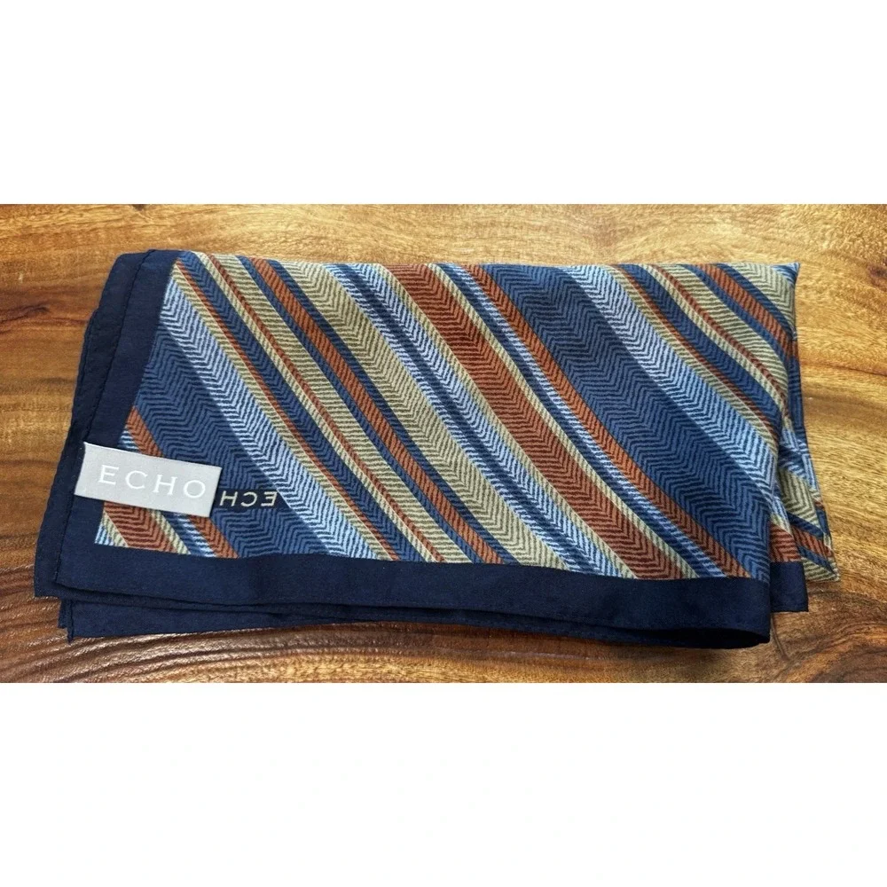 ECHO Unisex 100% Silk Scarf Striped Herringbone Pattern Navy, Blue, Red ,Yellow